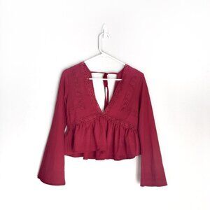 ⭐️5 for $25⭐️ Shein Burgundy Plunging Neckline Embroidery Long Sleeve Peplum Top